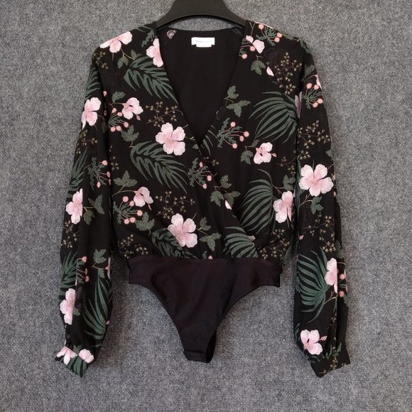 LOVERS & FRIENDS Laya Bodysuit XS‎ Black Pink Green Embroidered Long Sleeve - Picture 8 of 13